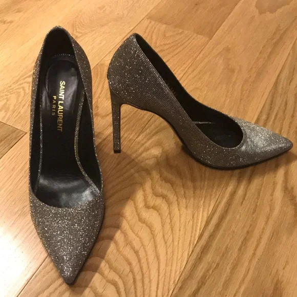 Saint Laurent Glitter Pointed-Toe Silver Pumps - Picture 1 of 8